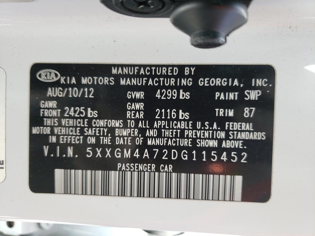 Photo 10 from auction – 2013 KIA OPTIMA LX with VIN 5XXGM4A72DG115452