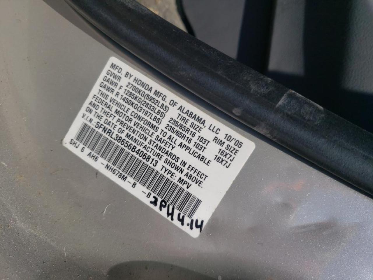 Photo 10 from auction – 2006 HONDA ODYSSEY EX with VIN 5FNRL38656B406813