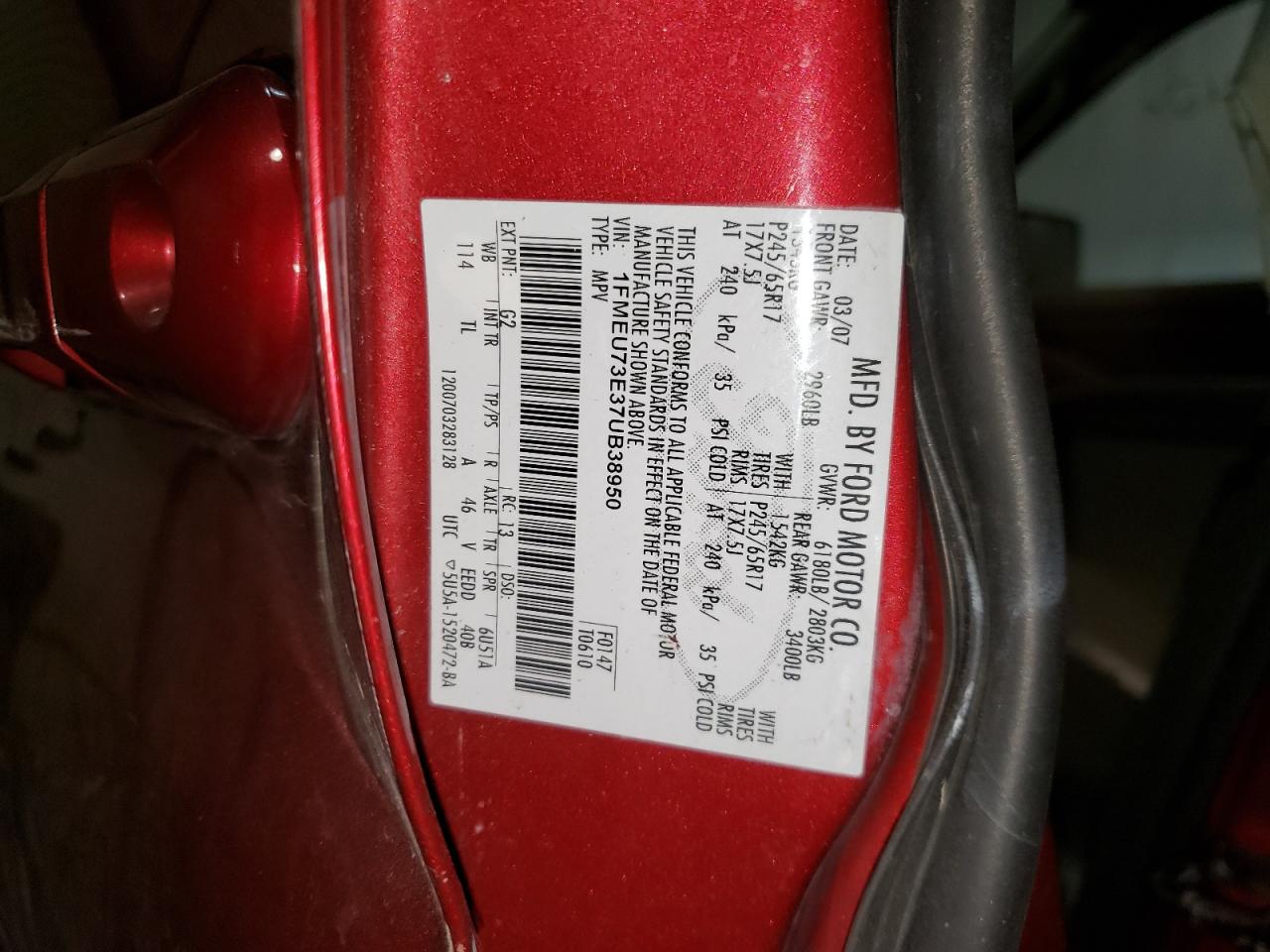 Photo 10 from auction – 2007 FORD EXPLORER X with VIN 1FMEU73E37UB38950