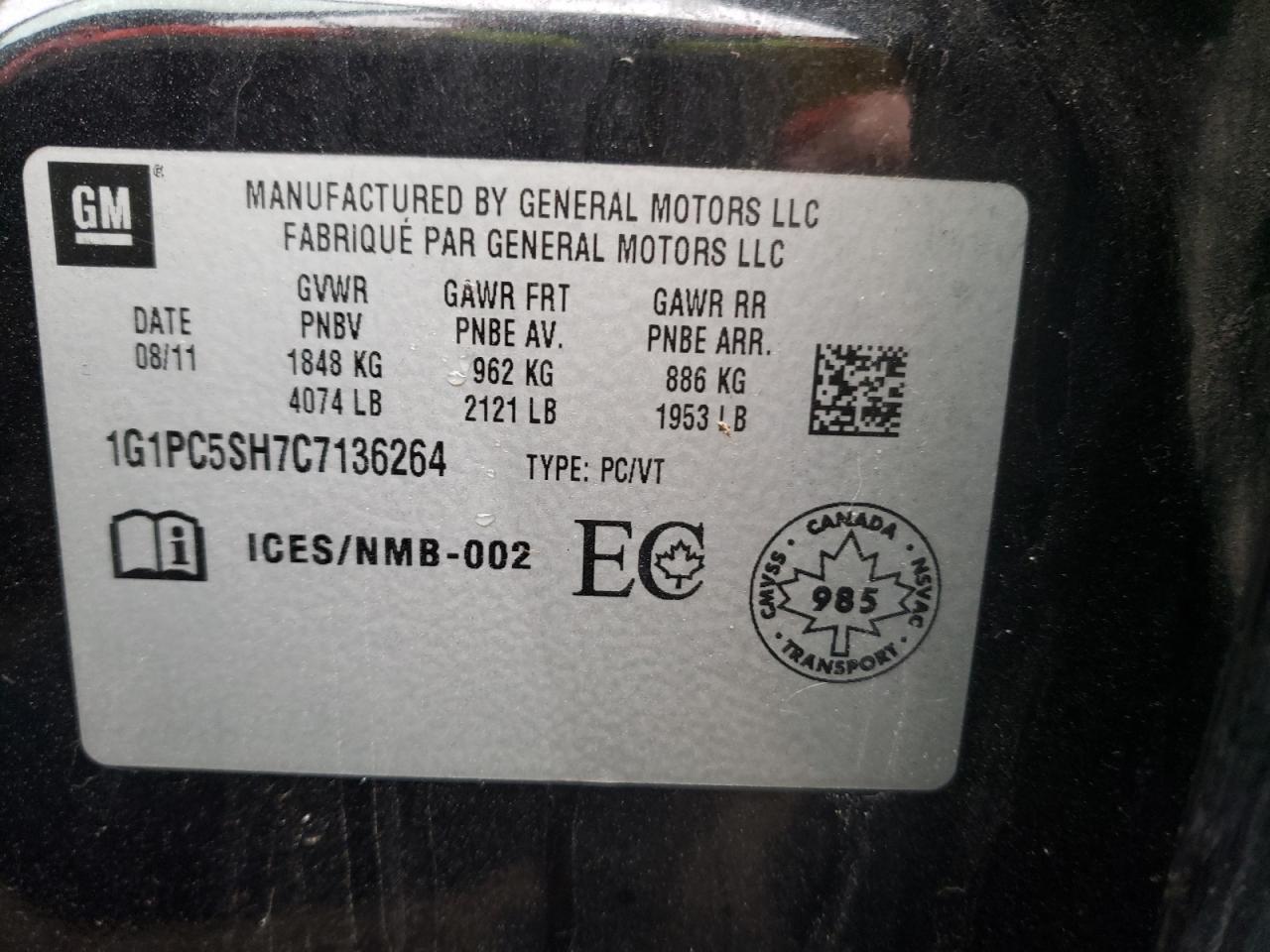 Photo 10 from auction – 2012 CHEVROLET CRUZE LS with VIN 1G1PC5SH7C7136264