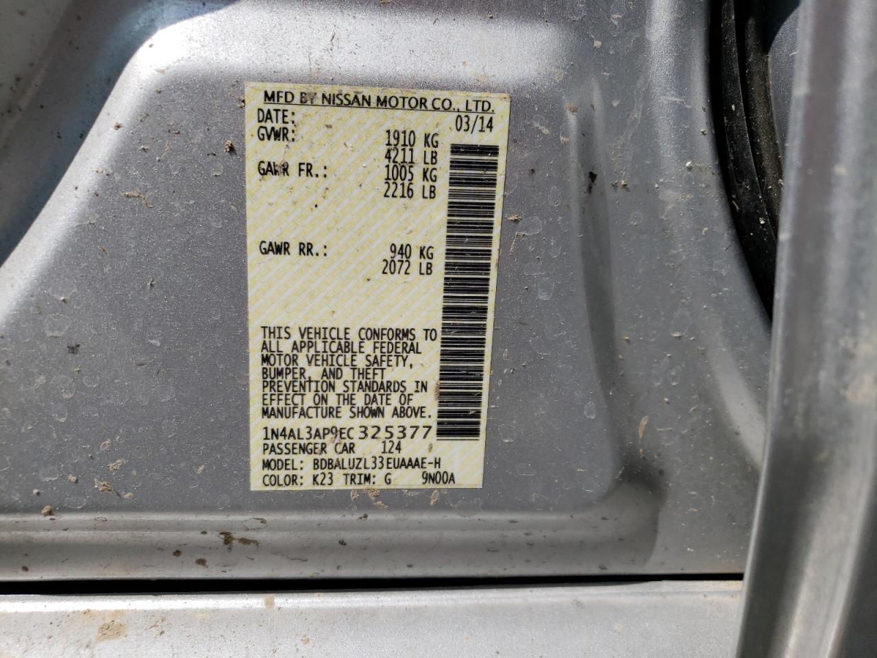 Photo 10 from auction – 2014 NISSAN ALTIMA 2.5 with VIN 1N4AL3AP9EC325377