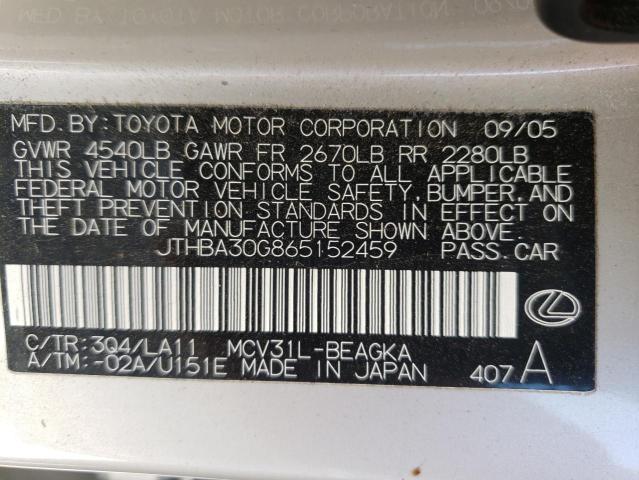 Photo 10 from auction – 2006 LEXUS ES 330 with VIN JTHBA30G865152459