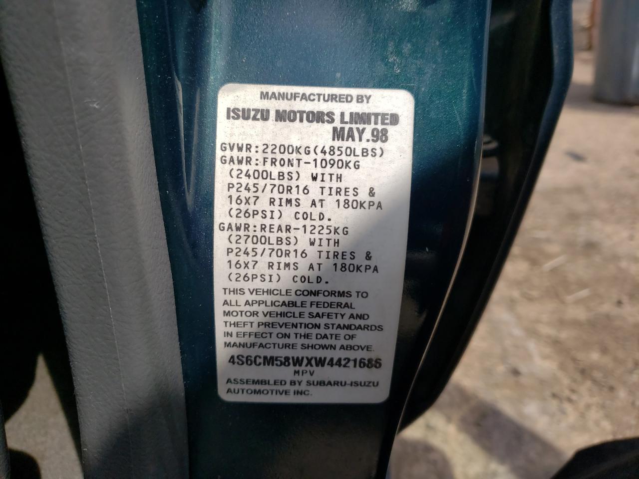 Photo 10 from auction – 1998 HONDA PASSPORT E with VIN 4S6CM58WXW4421686