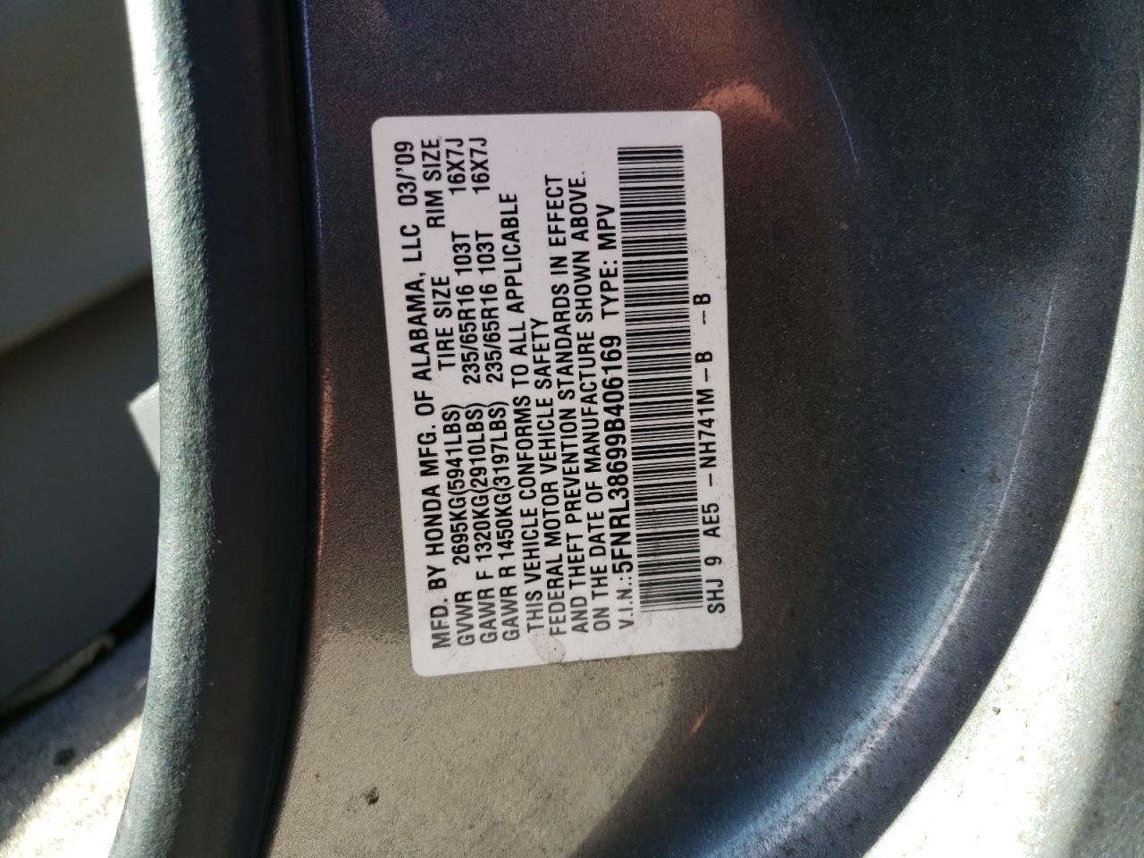 Photo 10 from auction – 2009 HONDA ODYSSEY EX with VIN 5FNRL38699B406169