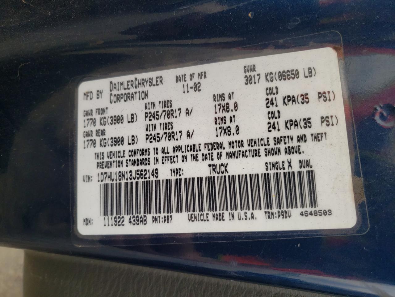 Photo 10 from auction – 2003 DODGE RAM 1500 S with VIN 1D7HU18N13J562149