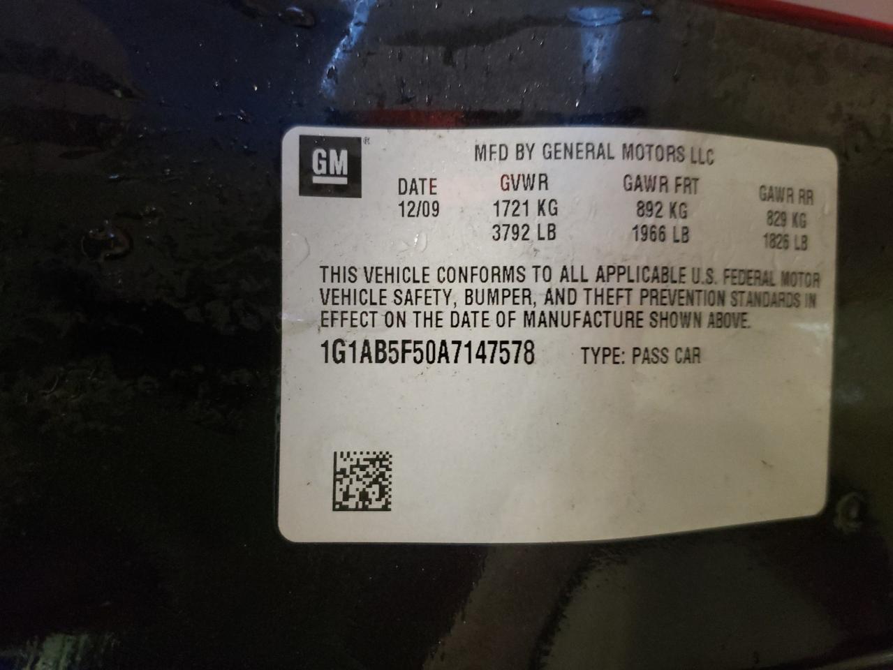 Photo 10 from auction – 2010 CHEVROLET COBALT LS with VIN 1G1AB5F50A7147578