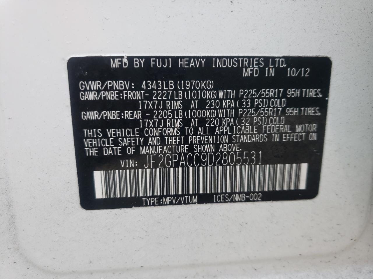 Photo 10 from auction – 2013 SUBARU XV CROSSTR with VIN JF2GPACC9D2805531