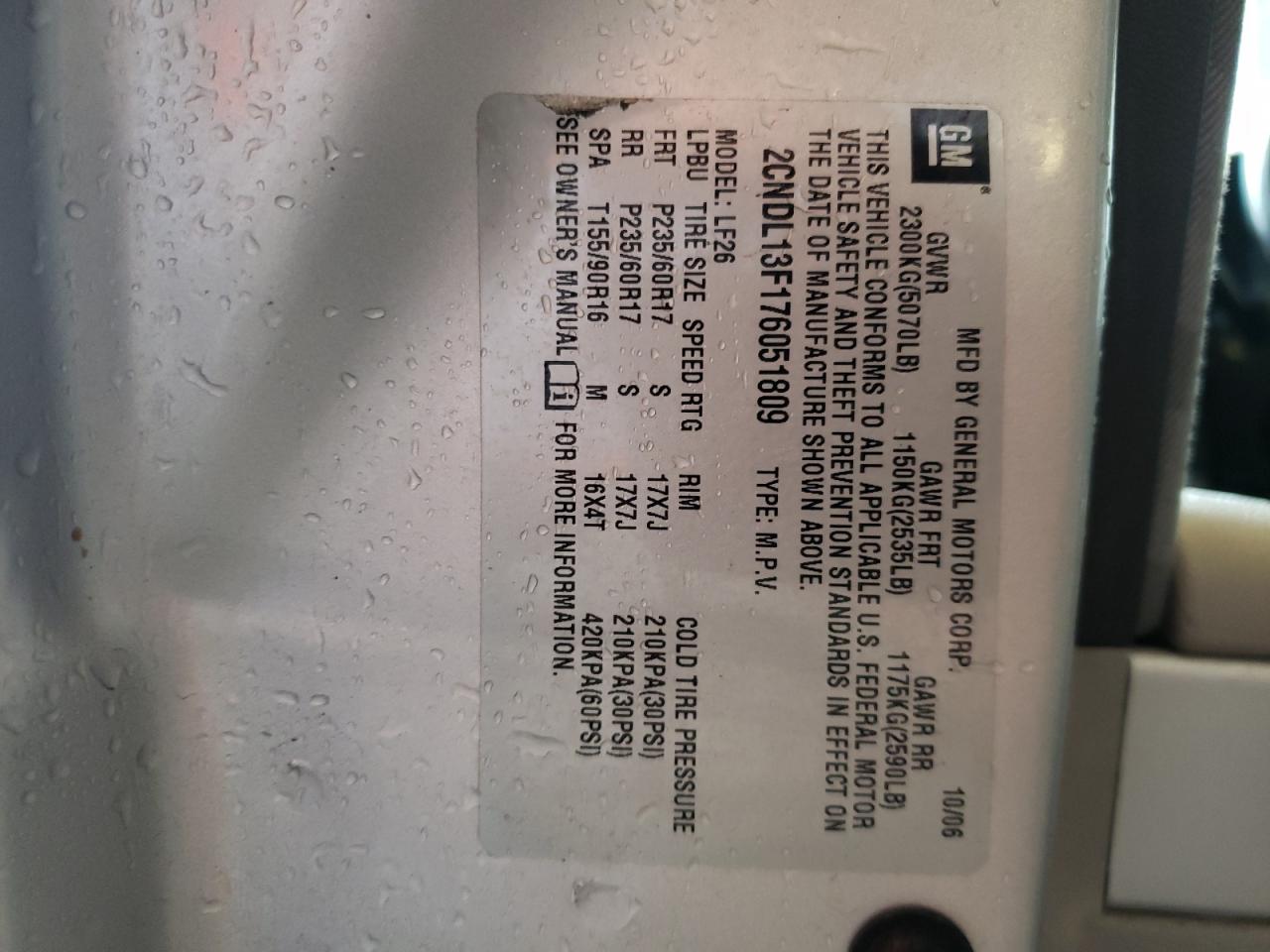 Photo 10 from auction – 2007 CHEVROLET EQUINOX LS with VIN 2CNDL13F176051809