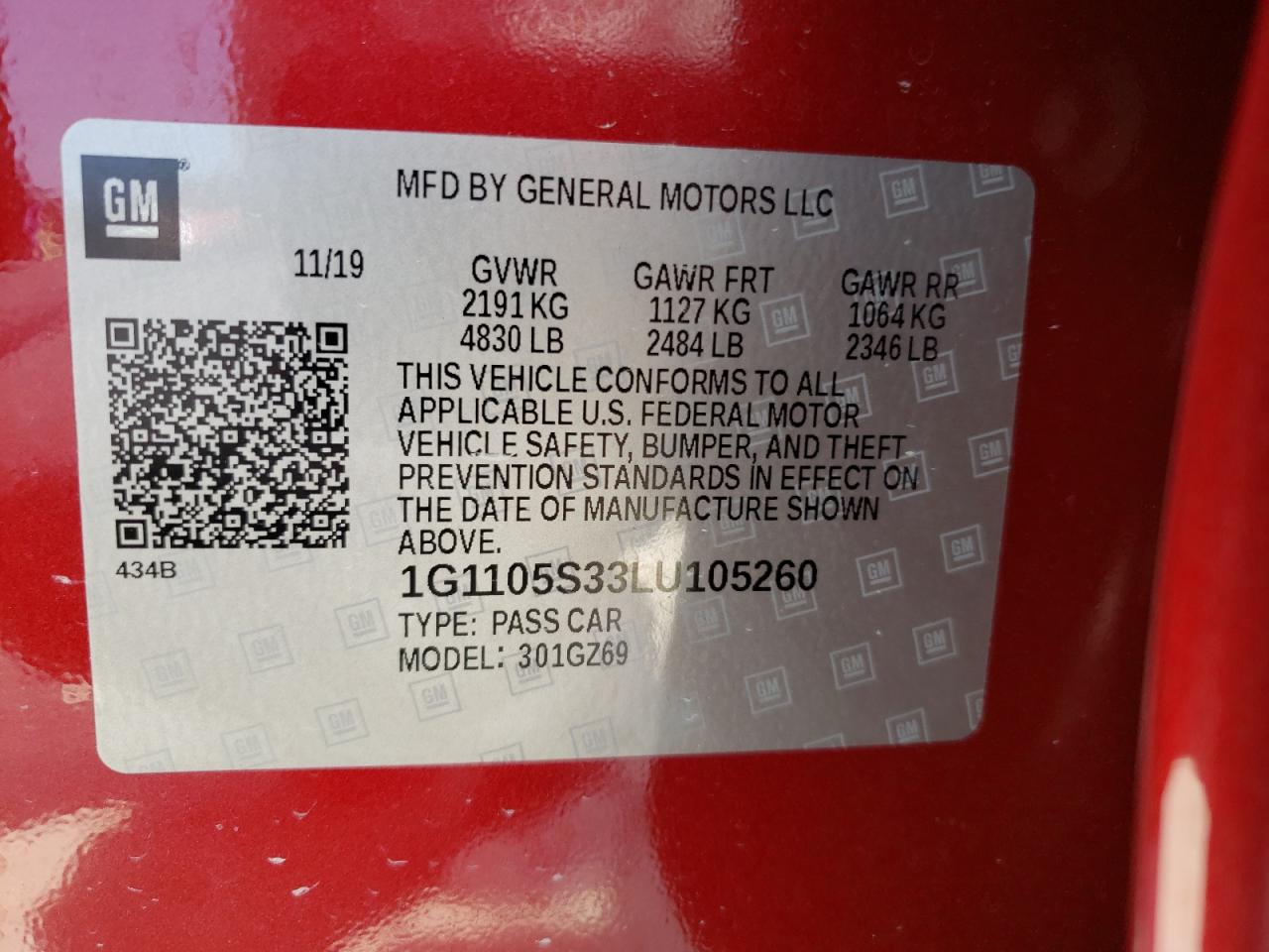Photo 10 from auction – 2020 CHEVROLET IMPALA PRE with VIN 1G1105S33LU105260