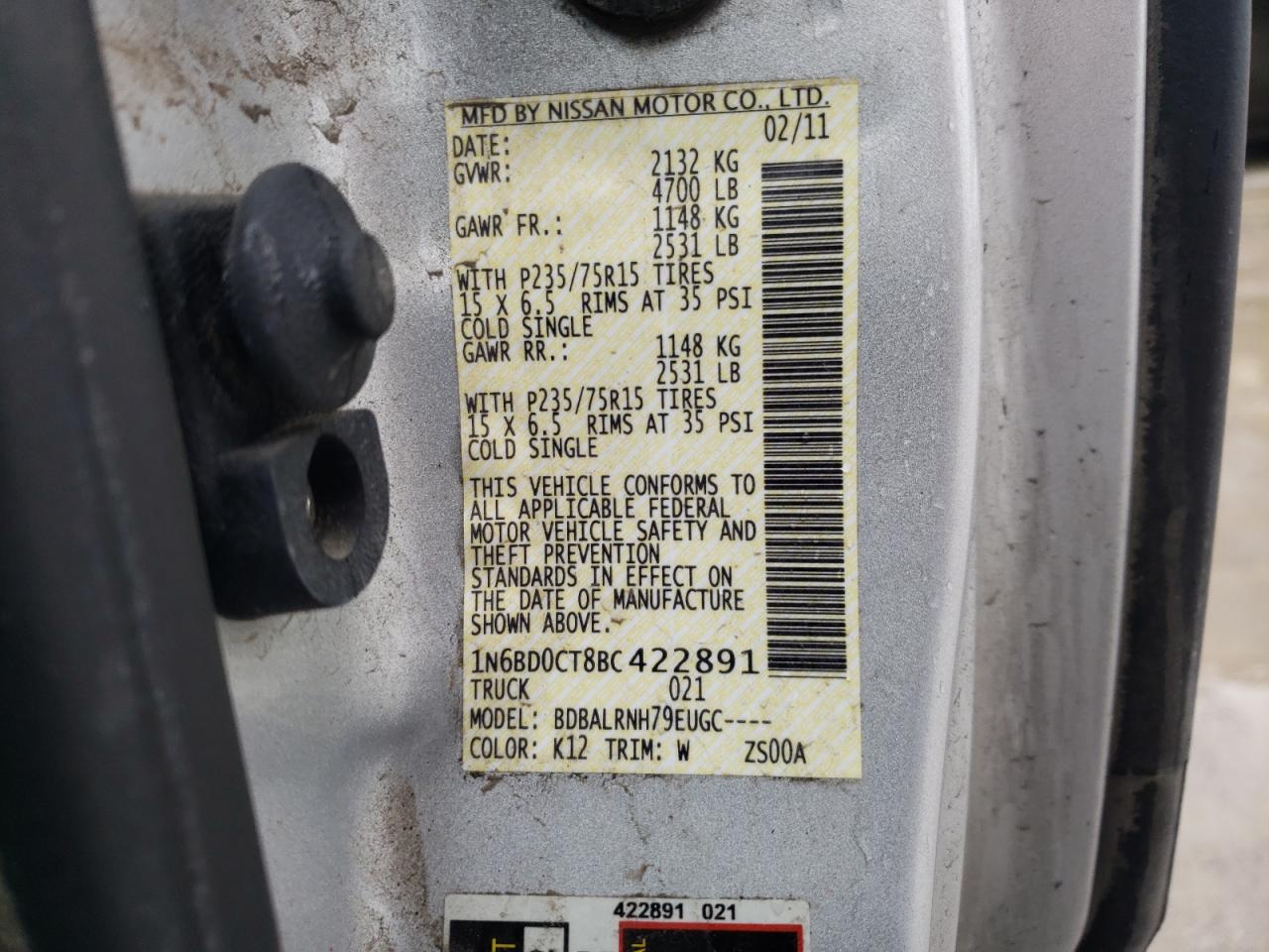 Photo 10 from auction – 2011 NISSAN FRONTIER S with VIN 1N6BD0CT8BC422891