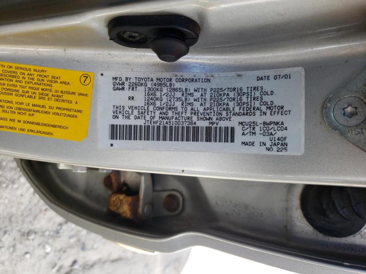 Photo 10 from auction – 2001 TOYOTA HIGHLANDER with VIN JTEHF21A510037384