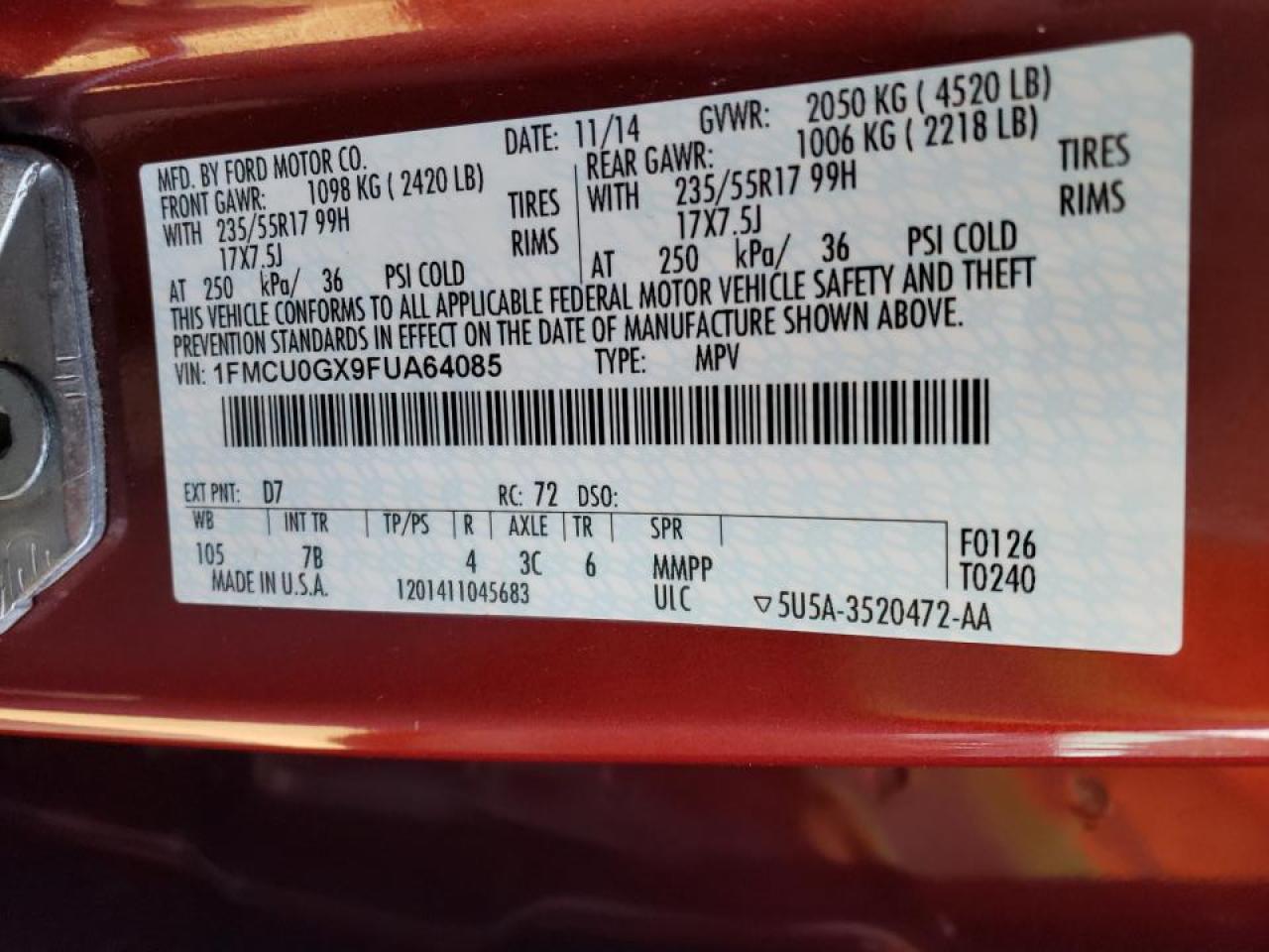 Photo 10 from auction – 2015 FORD ESCAPE SE with VIN 1FMCU0GX9FUA64085