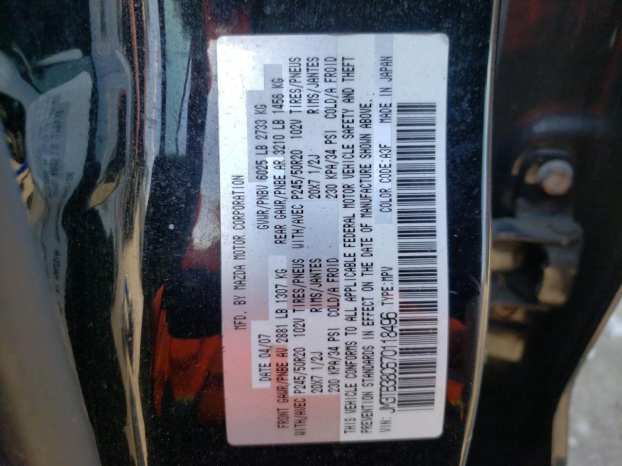 Photo 10 from auction – 2007 MAZDA CX-9 with VIN JM3TB38C670118496