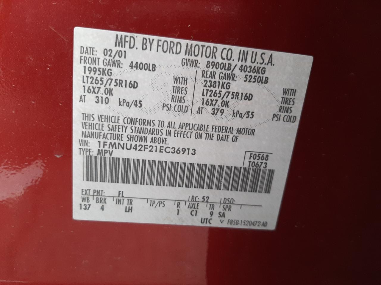 Photo 10 from auction – 2001 FORD EXCURSION with VIN 1FMNU42F21EC36913