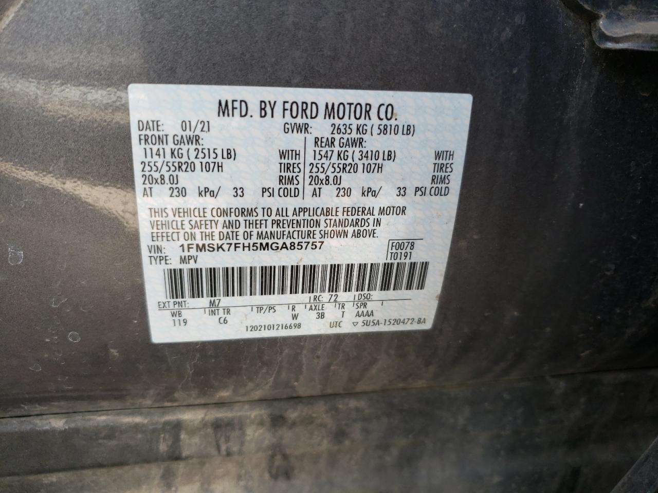 Photo 10 from auction – 2021 FORD EXPLORER L with VIN 1FMSK7FH5MGA85757