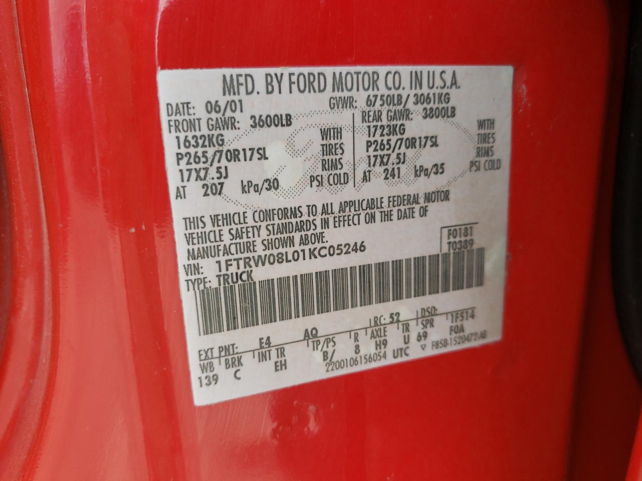 Photo 10 from auction – 2001 FORD F150 SUPER with VIN 1FTRW08L01KC05246