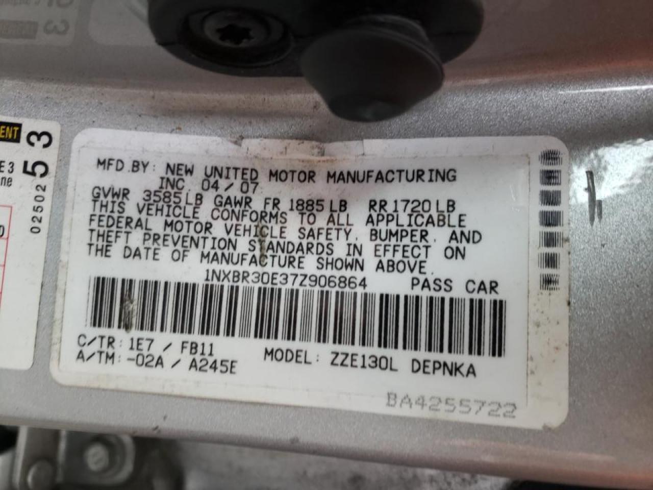Photo 10 from auction – 2007 TOYOTA COROLLA CE with VIN 1NXBR30E37Z906864
