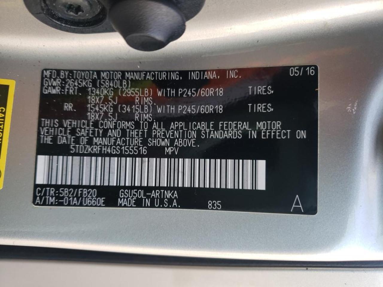 Photo 10 from auction – 2016 TOYOTA HIGHLANDER with VIN 5TDZKRFH4GS155516