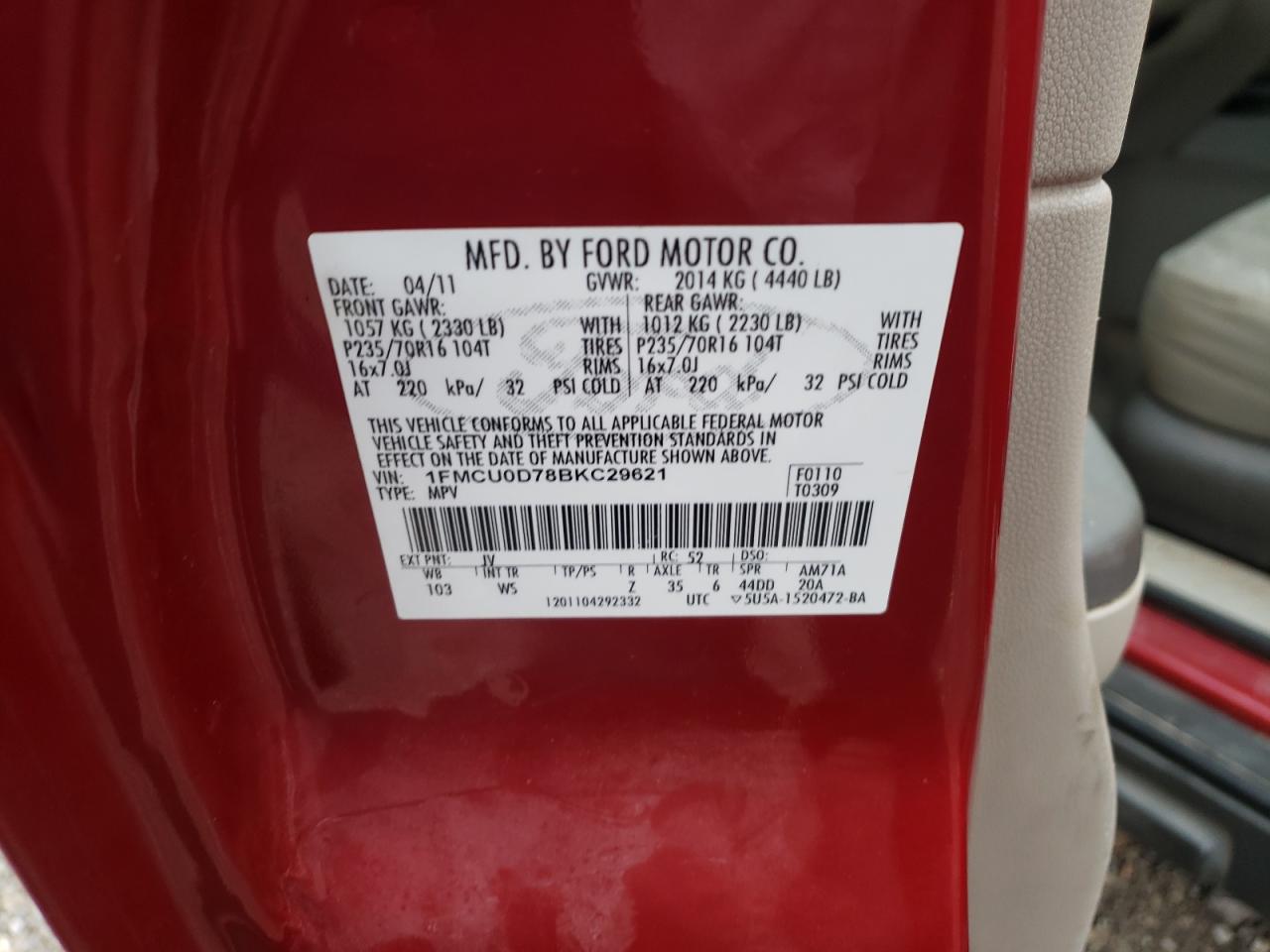 Photo 10 from auction – 2011 FORD ESCAPE XLT with VIN 1FMCU0D78BKC29621