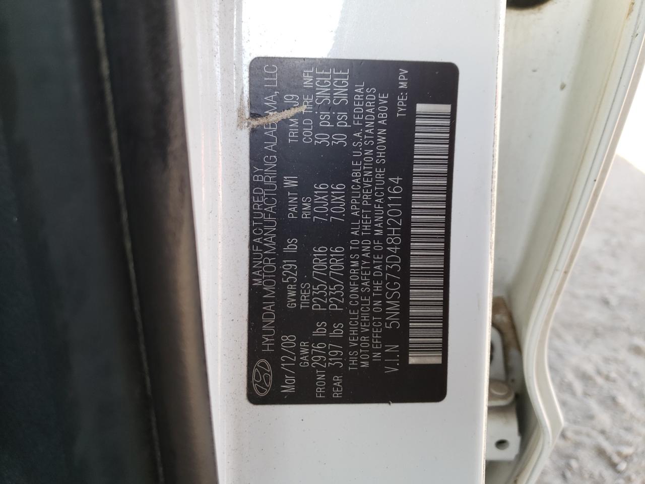 Foto 10 de la subasta – 2008 HYUNDAI SANTA FE G con VIN 5NMSG73D48H201164