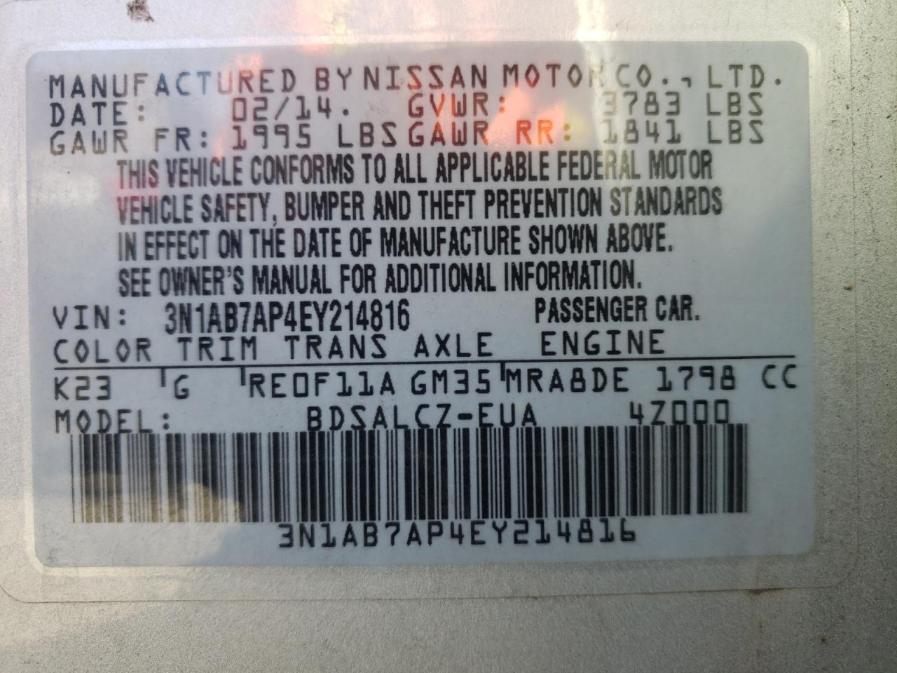 Photo 10 from auction – 2014 NISSAN SENTRA S with VIN 3N1AB7AP4EY214816