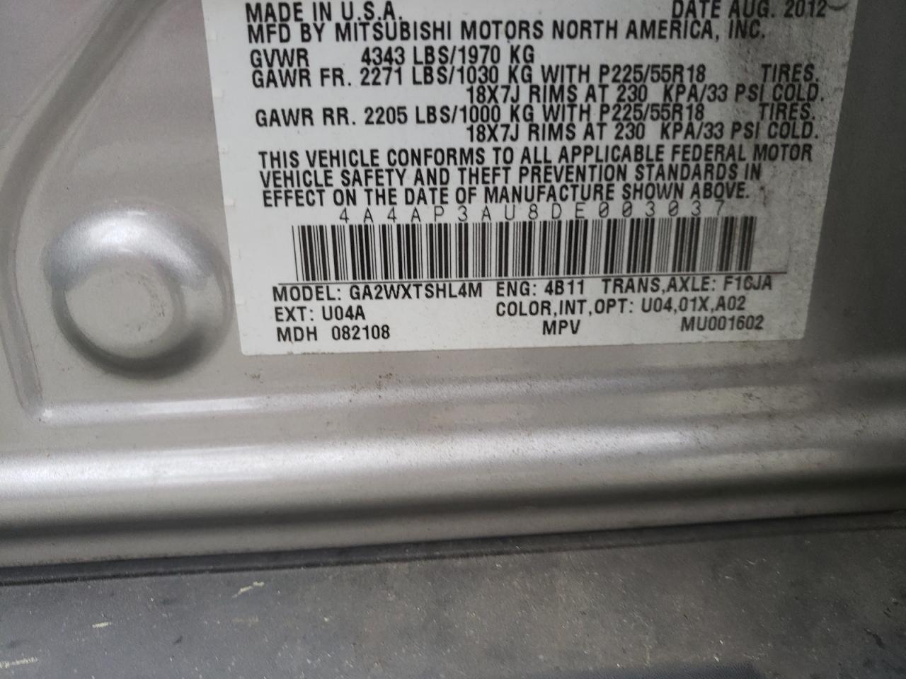 Photo 10 from auction – 2013 MITSUBISHI OUTLANDER with VIN 4A4AP3AU8DE003037