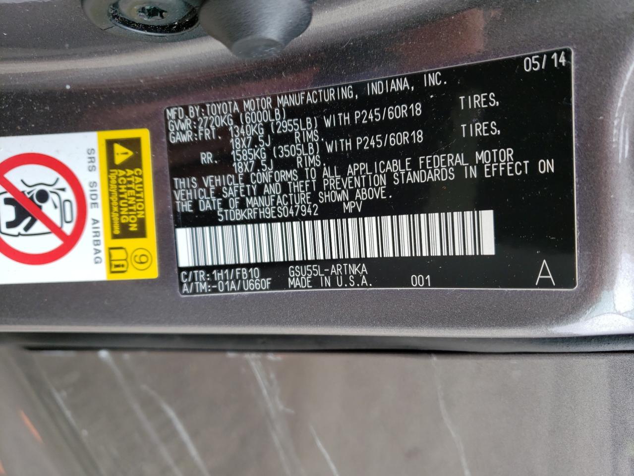 Photo 10 from auction – 2014 TOYOTA HIGHLANDER with VIN 5TDBKRFH9ES047942