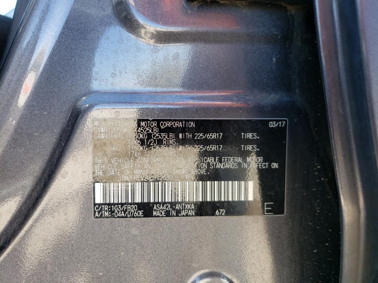 Photo 10 from auction – 2017 TOYOTA RAV4 LE with VIN JTMZFREV2HJ712580