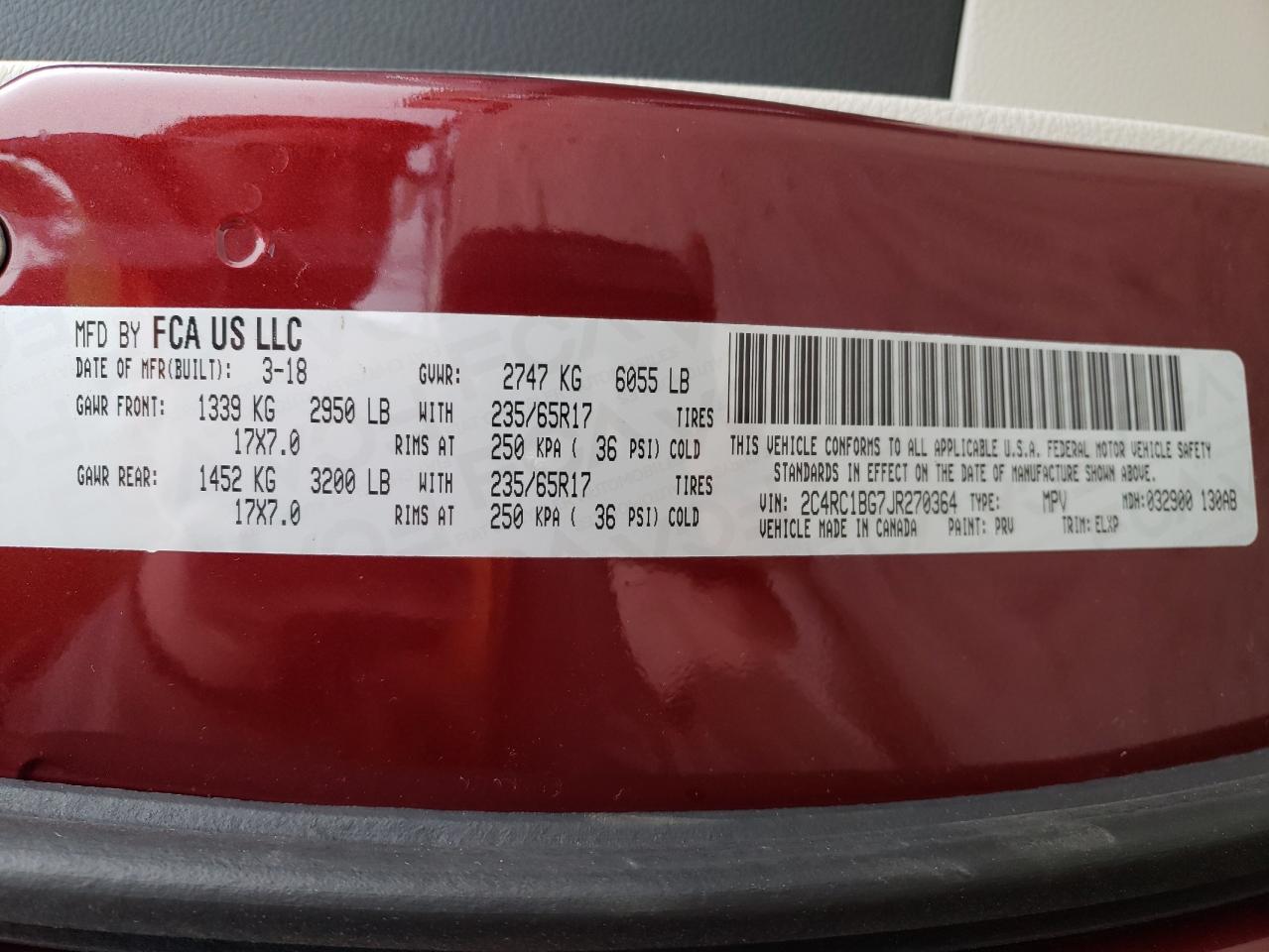 Photo 10 from auction – 2018 CHRYSLER PACIFICA T with VIN 2C4RC1BG7JR270364