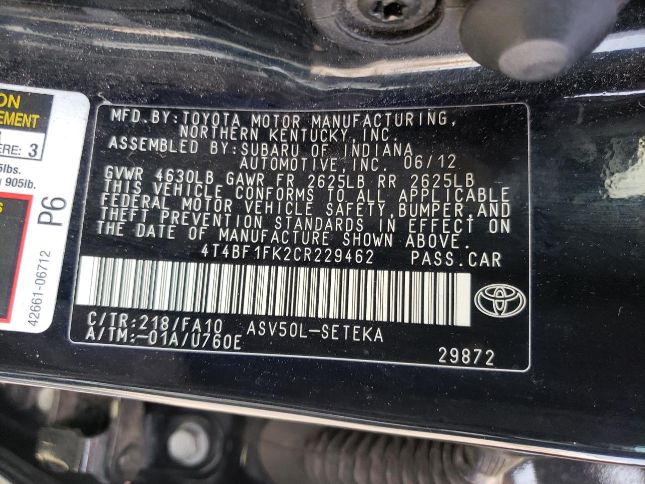 Photo 10 from auction – 2012 TOYOTA CAMRY BASE with VIN 4T4BF1FK2CR229462