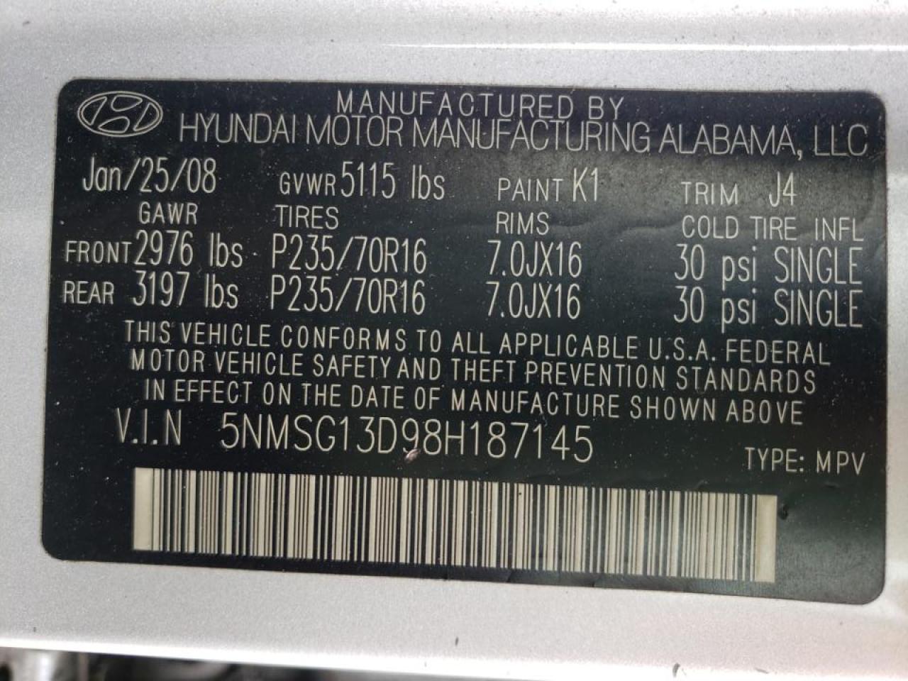 Photo 10 from auction – 2008 HYUNDAI SANTA FE G with VIN 5NMSG13D98H187145