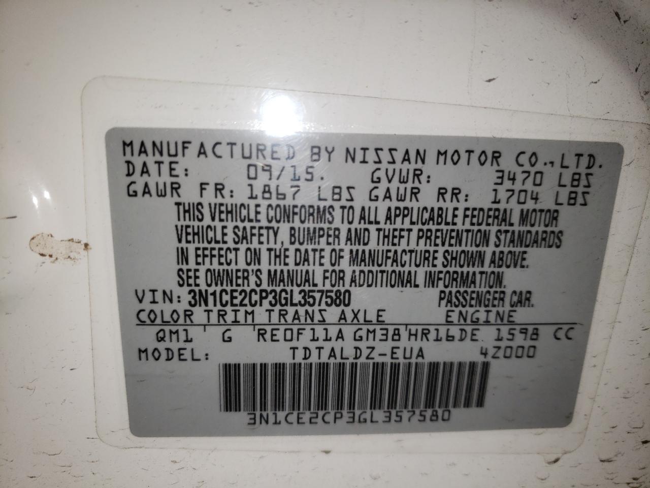Photo 10 from auction – 2016 NISSAN VERSA NOTE with VIN 3N1CE2CP3GL357580