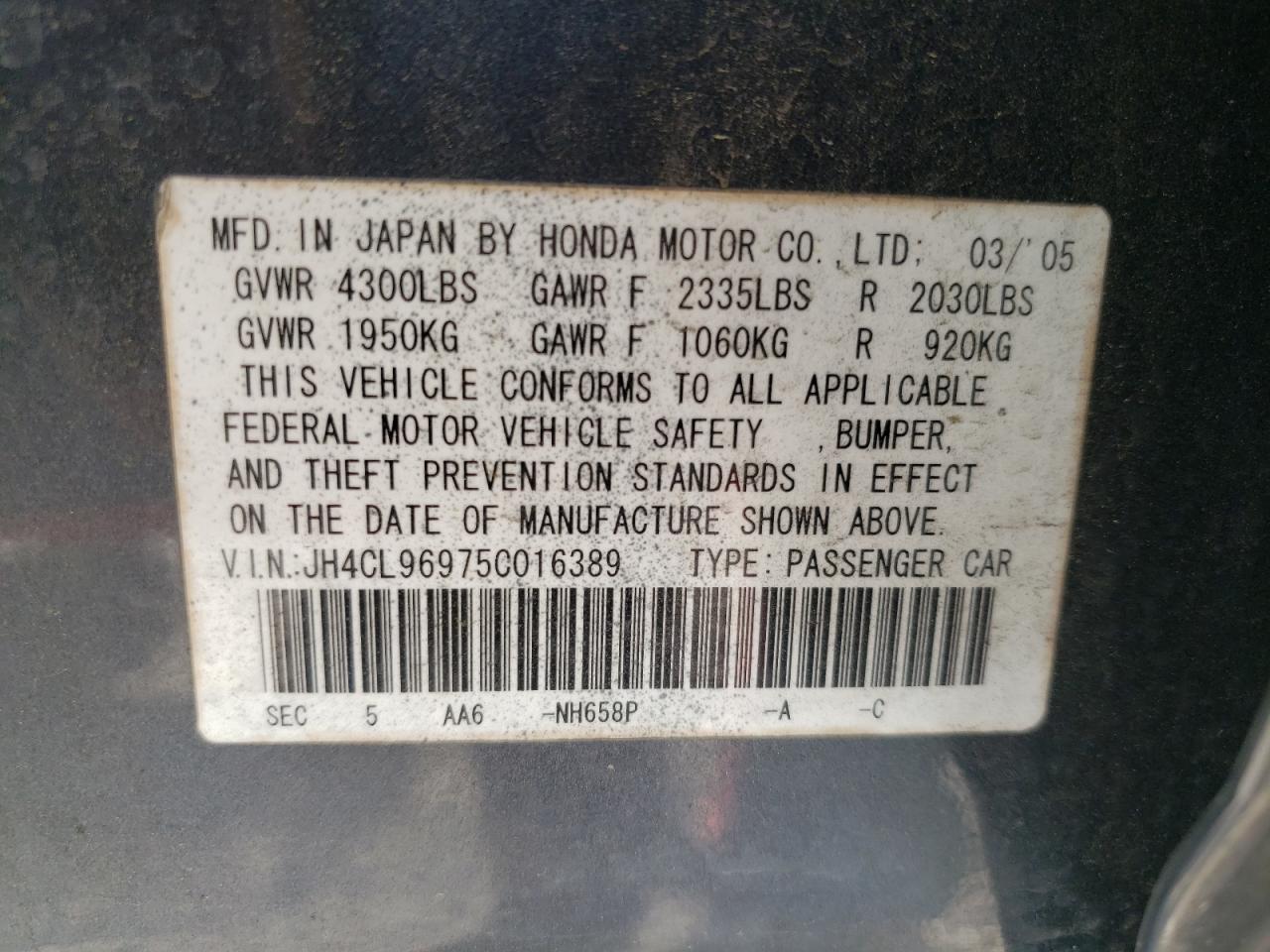 Photo 10 from auction – 2005 ACURA TSX with VIN JH4CL96975C016389