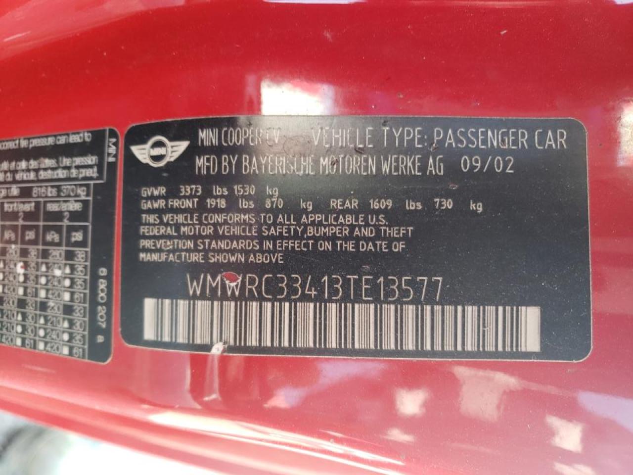 Photo 10 from auction – 2003 MINI COOPER with VIN WMWRC33413TE13577