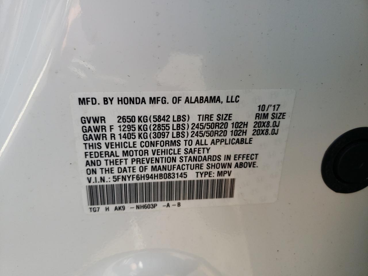 Photo 10 from auction – 2017 HONDA PILOT TOUR with VIN 5FNYF6H94HB083145