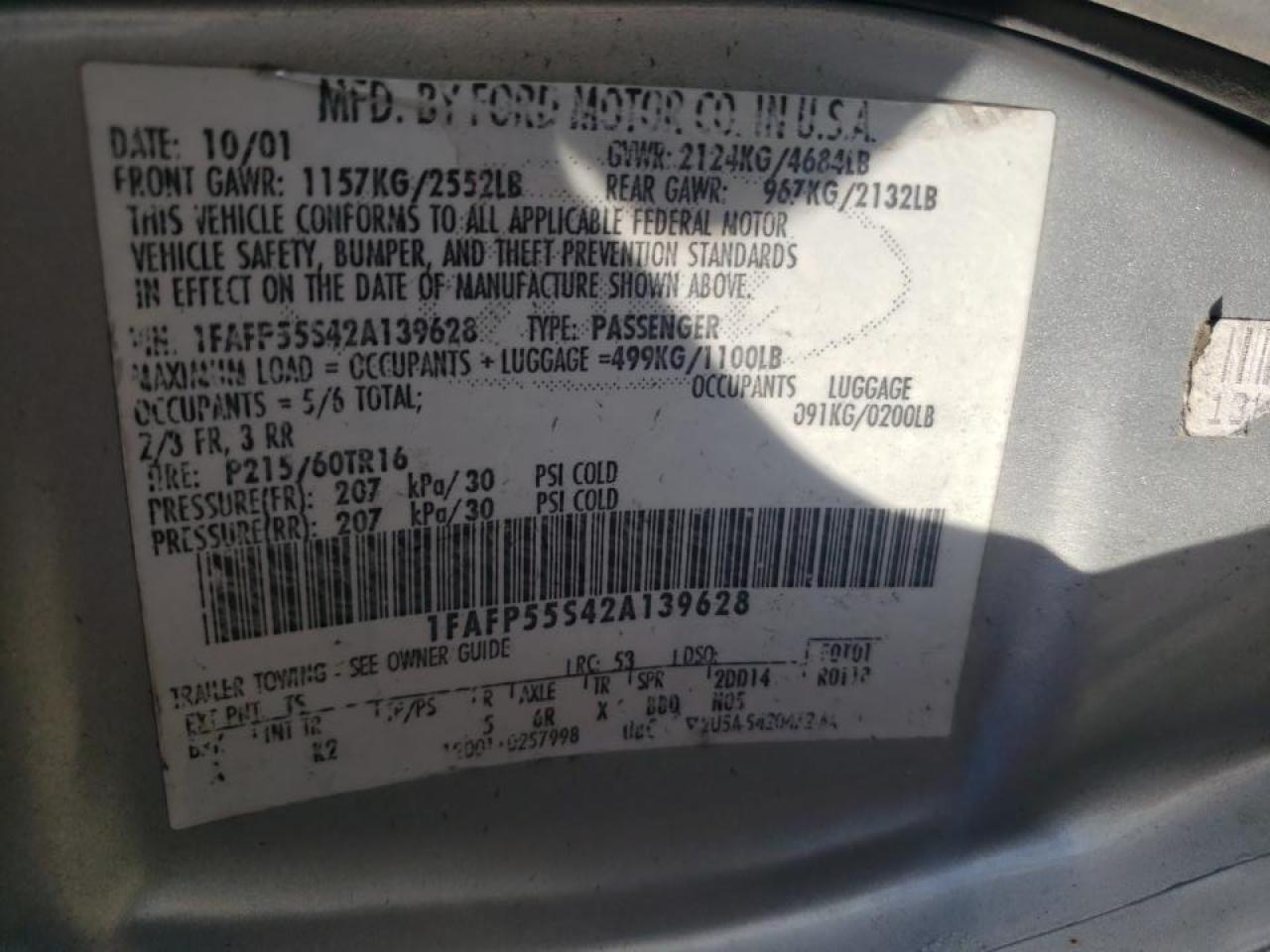 Photo 10 from auction – 2002 FORD TAURUS SES with VIN 1FAFP55S42A139628