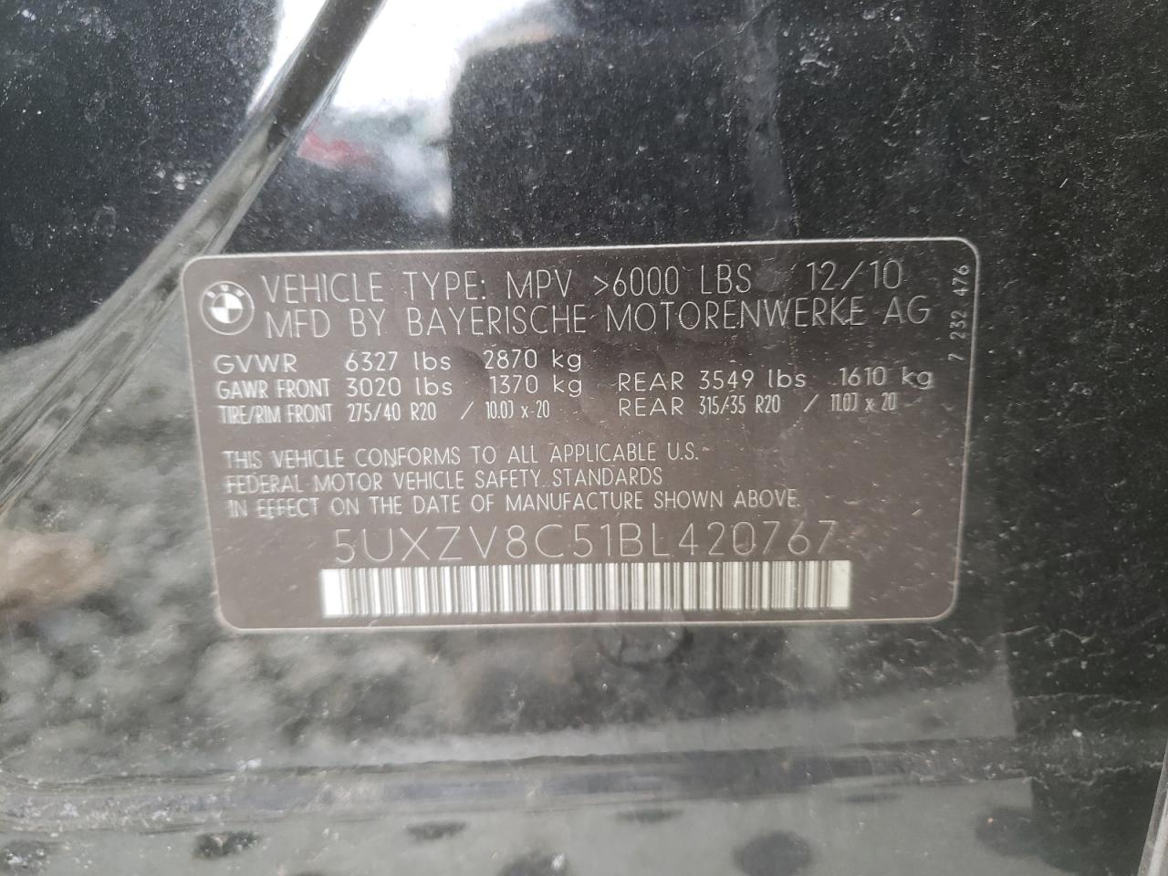 Photo 10 from auction – 2011 BMW X5 XDRIVE5 with VIN 5UXZV8C51BL420767