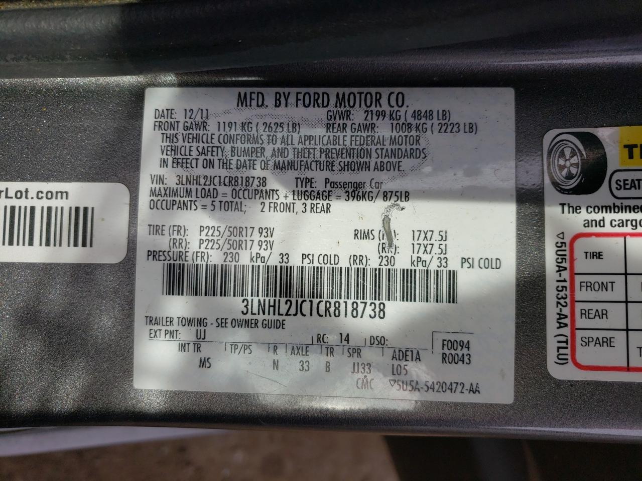 Photo 10 from auction – 2012 LINCOLN MKZ with VIN 3LNHL2JC1CR818738