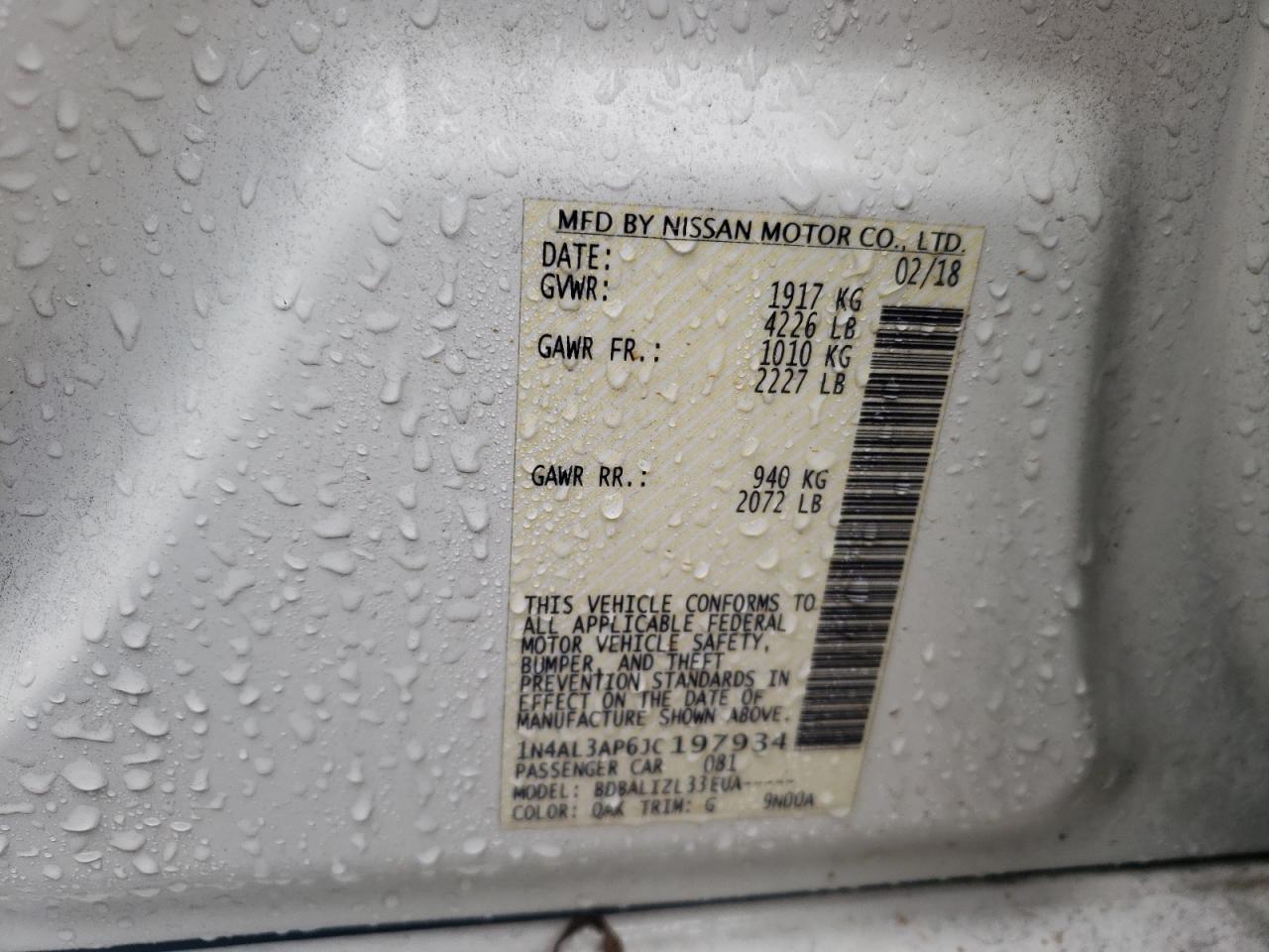 Photo 10 from auction – 2018 NISSAN ALTIMA 2.5 with VIN 1N4AL3AP6JC197934