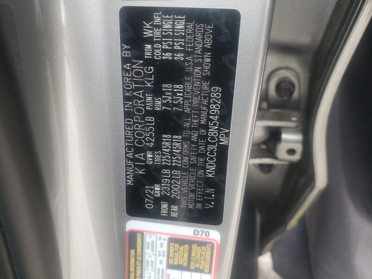 Photo 10 from auction – 2022 KIA NIRO TOURI with VIN KNDCC3LC8N5498289