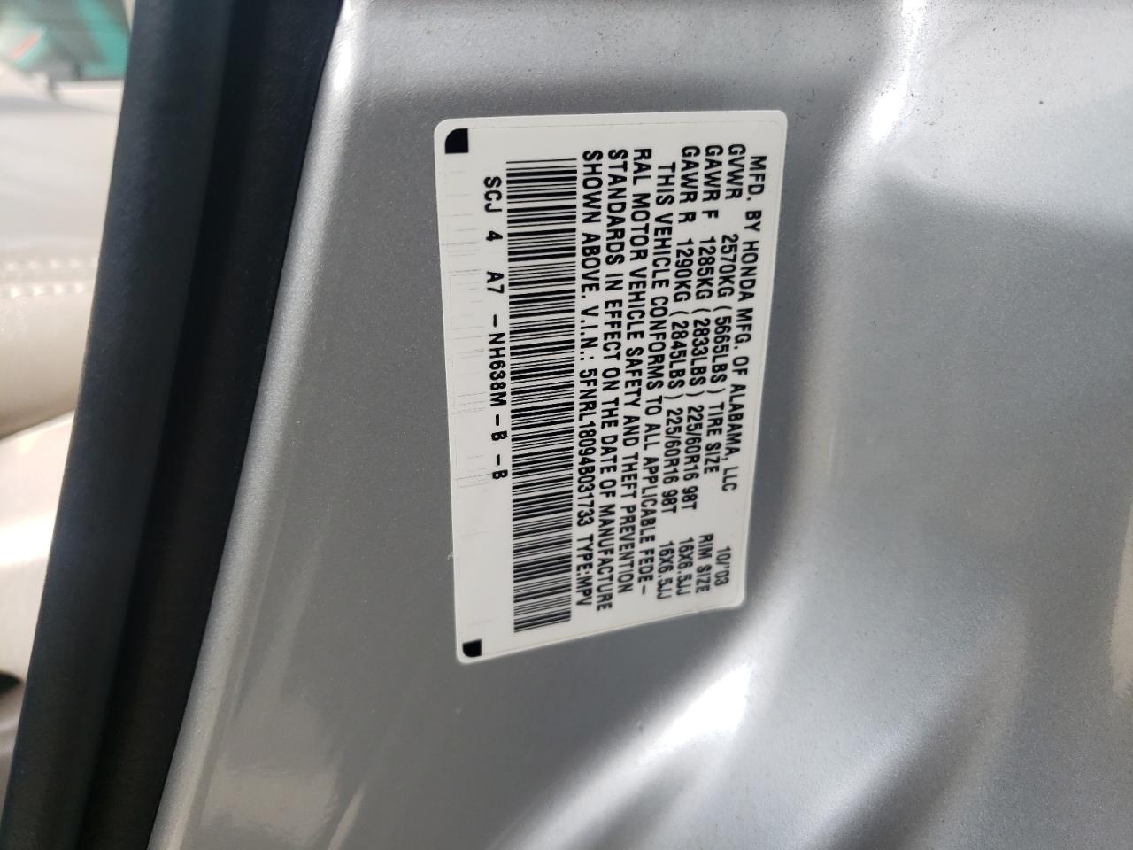 Photo 10 from auction – 2004 HONDA ODYSSEY EX with VIN 5FNRL18094B031733