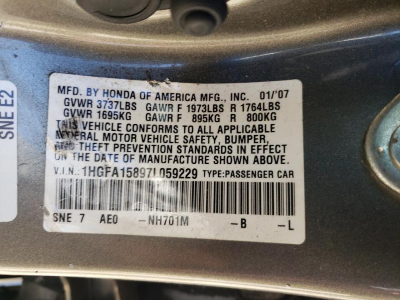Photo 10 from auction – 2007 HONDA CIVIC EX with VIN 1HGFA15897L059229