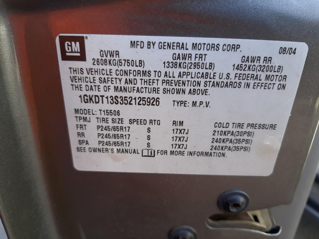 Photo 10 from auction – 2005 GMC ENVOY with VIN 1GKDT13S352125926
