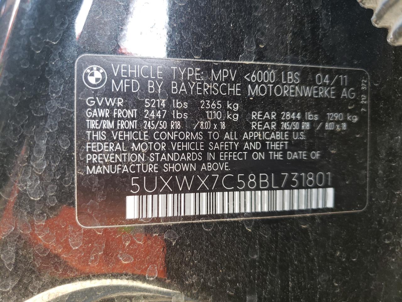 Photo 10 from auction – 2011 BMW X3 XDRIVE3 with VIN 5UXWX7C58BL731801