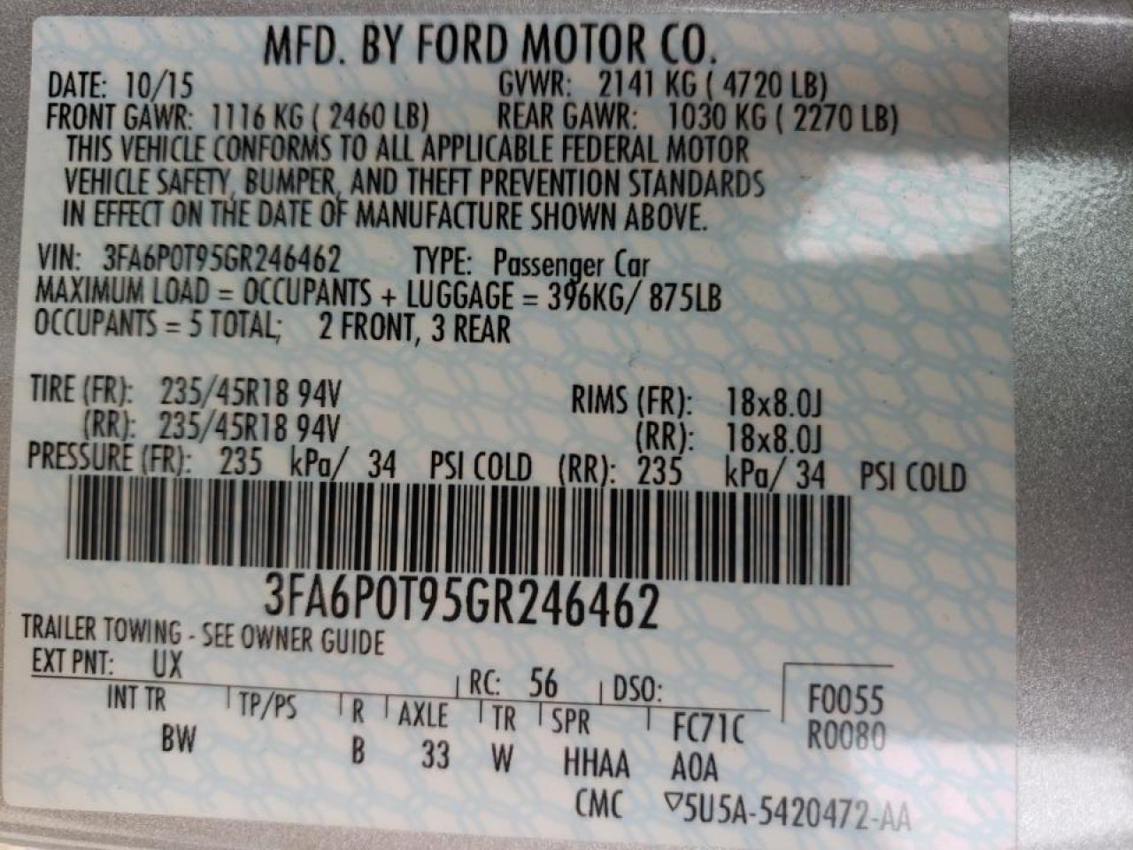 Photo 10 from auction – 2016 FORD FUSION SE with VIN 3FA6P0T95GR246462
