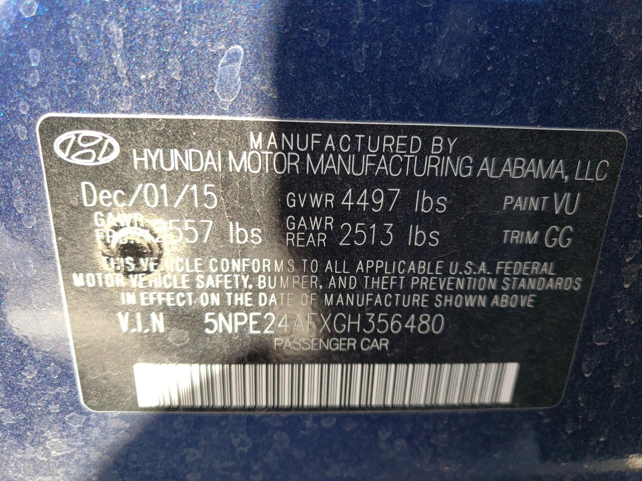 Photo 10 from auction – 2016 HYUNDAI SONATA SE with VIN 5NPE24AFXGH356480