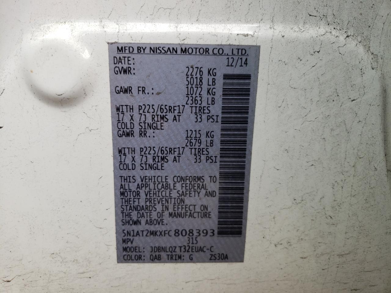 Photo 10 from auction – 2015 NISSAN ROGUE S with VIN 5N1AT2MKXFC808393