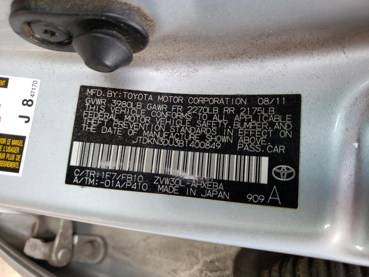 Zdjęcie 10 z aukcji – 2011 TOYOTA PRIUS z VIN JTDKN3DU3B1400849