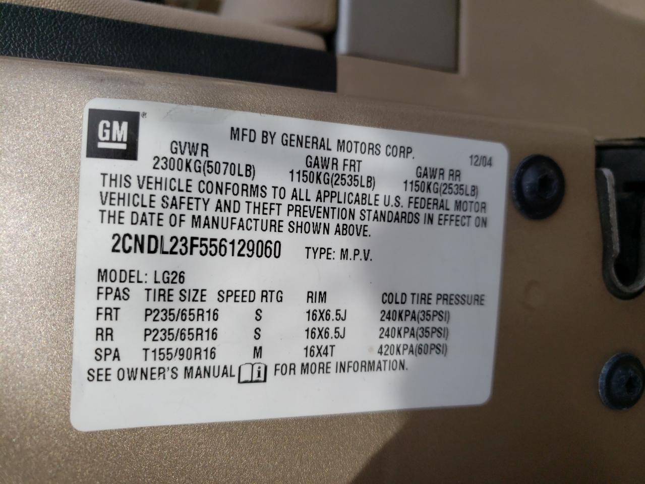 Photo 10 from auction – 2005 CHEVROLET EQUINOX LS with VIN 2CNDL23F556129060