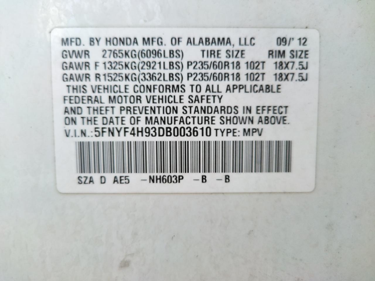 Photo 10 from auction – 2013 HONDA PILOT TOUR with VIN 5FNYF4H93DB003610